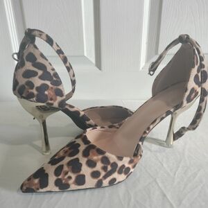 Women's Leopard Print Stiletto Sandals, Fashion Pointed Toe Ankle Strap Heels, A